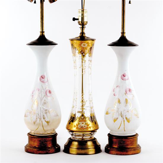 Appraisal: Painted and enameled glass lamps pair of floral-painted Bristol glass