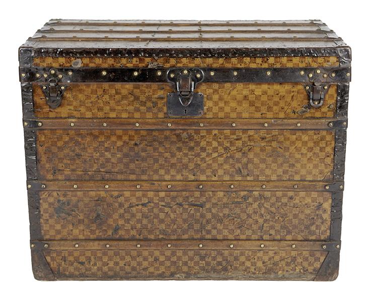 Appraisal: A LOUIS VUITTON DAMIER CANVAS TRUNK CIRCA with wood strapping