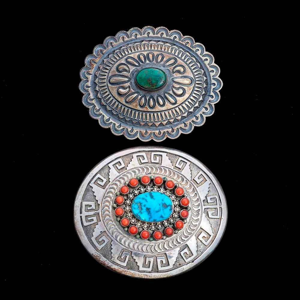 Appraisal: NAVAJO BELT BUCKLES Two Vintage old pawn turquoise coral and