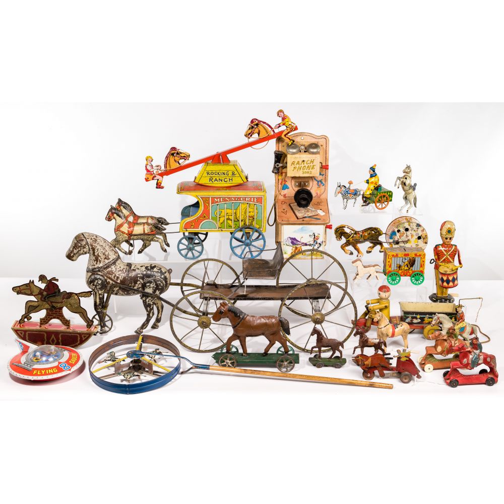 Appraisal: TIN HORSE TOY ASSORTMENT items including a tin pressed steel