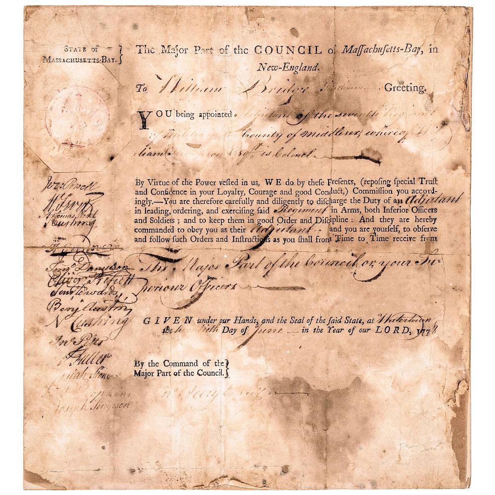 Appraisal: Revolutionary War Mass Militia Appointment at Watertown with Minuteman Seal