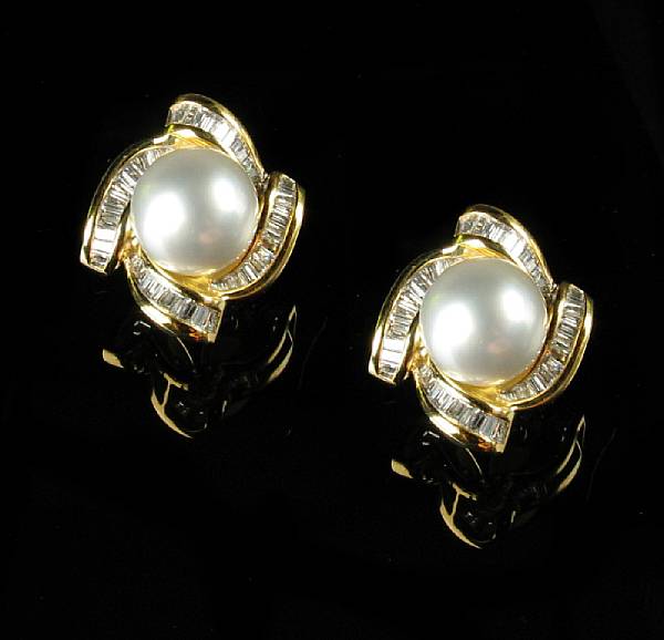 Appraisal: A pair of cultured pearl diamond and k gold earrings