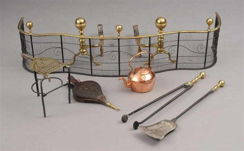 Appraisal: BRASS FIREPLACE ACCESSORIES Comprising a pair of in andirons with