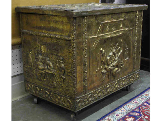 Appraisal: Antique tin clad wood box with hinged lid embossed bronze