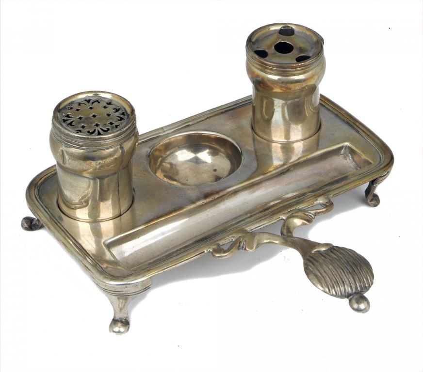 Appraisal: A GEORGE II INKSTAND the oblong tray with bifurcated handle