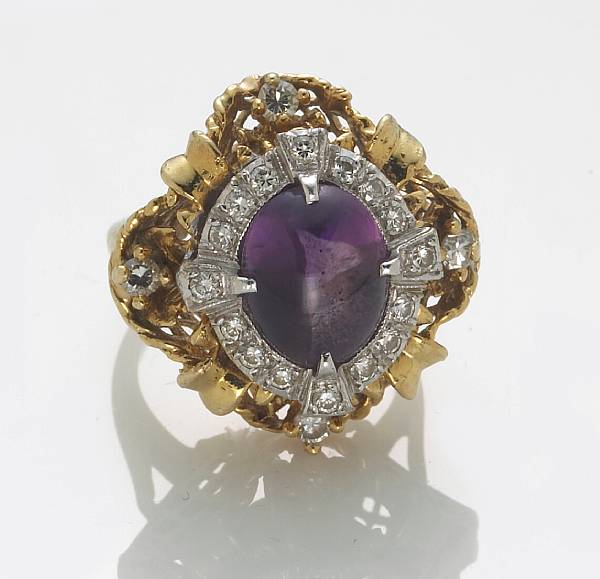 Appraisal: An amethyst cabochon diamond and k ring size