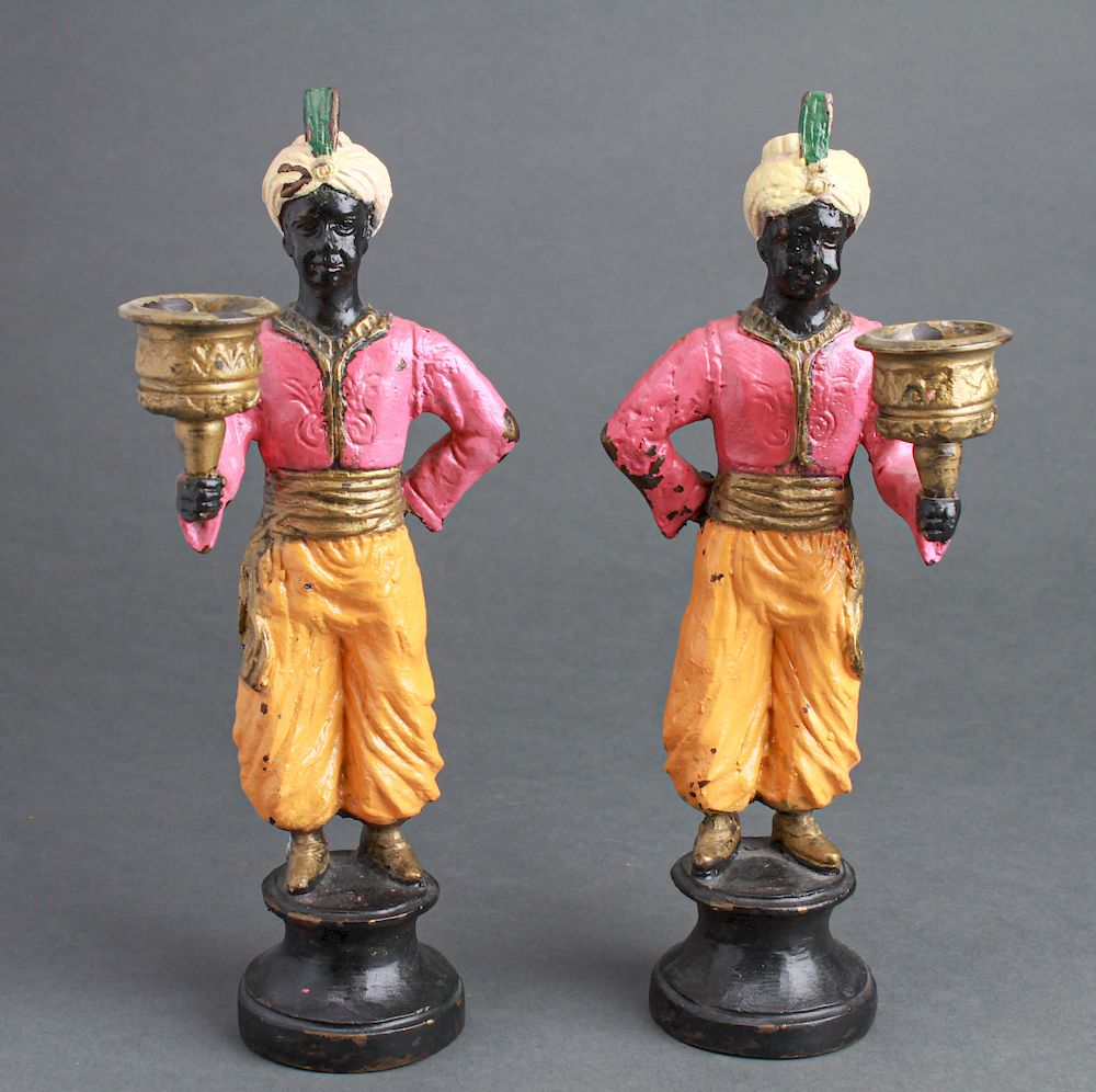 Appraisal: Blackamoor Painted Bronze Figural Candleholders Pr Pair of painted bronze