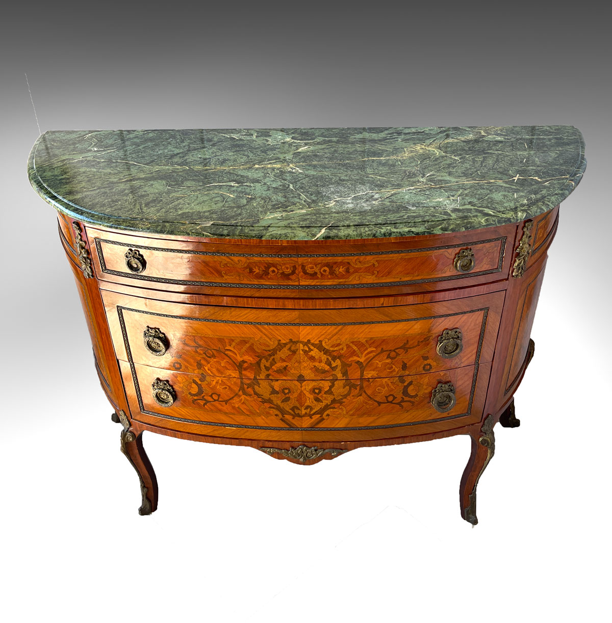 Appraisal: INLAID MARBLE TOP DEMILUNE - Drawer marble top chest with