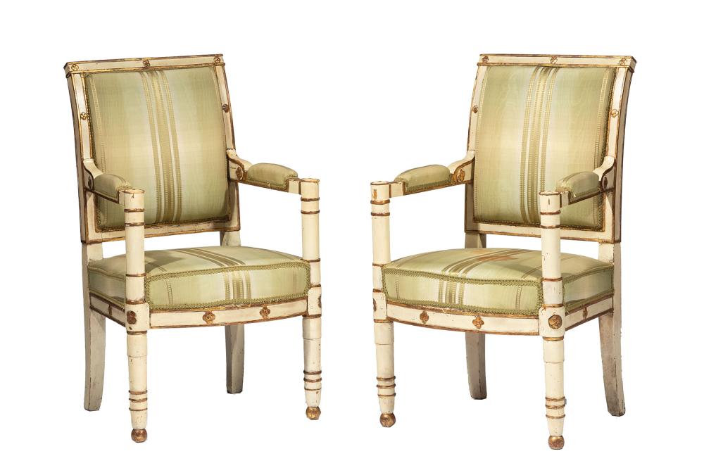 Appraisal: Pair of French Consulat Cr me Peinte and Parcel-Gilt Fauteuils