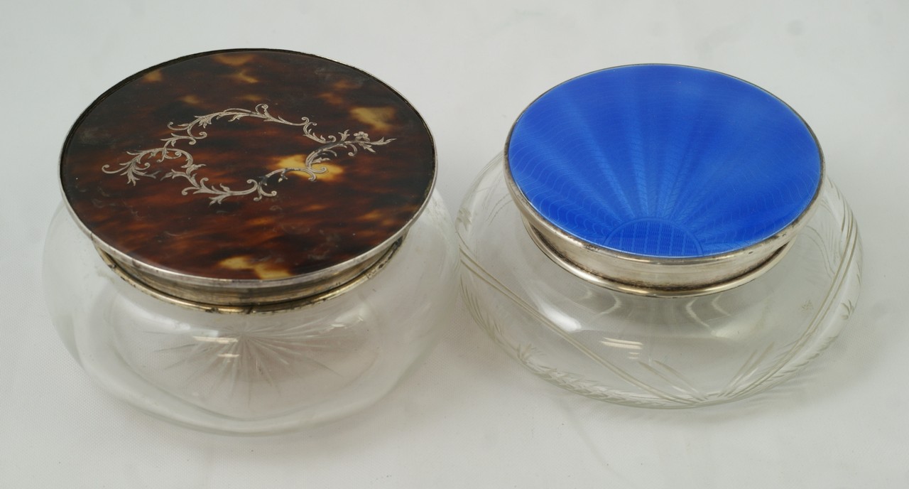 Appraisal: sterling topped dresser jars one with silver inlaid tortoise shell