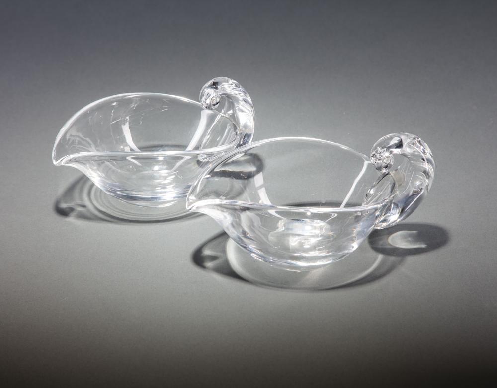 Appraisal: Pair of Steuben Glass Pear-Shaped Sauce Boats etched marks designed