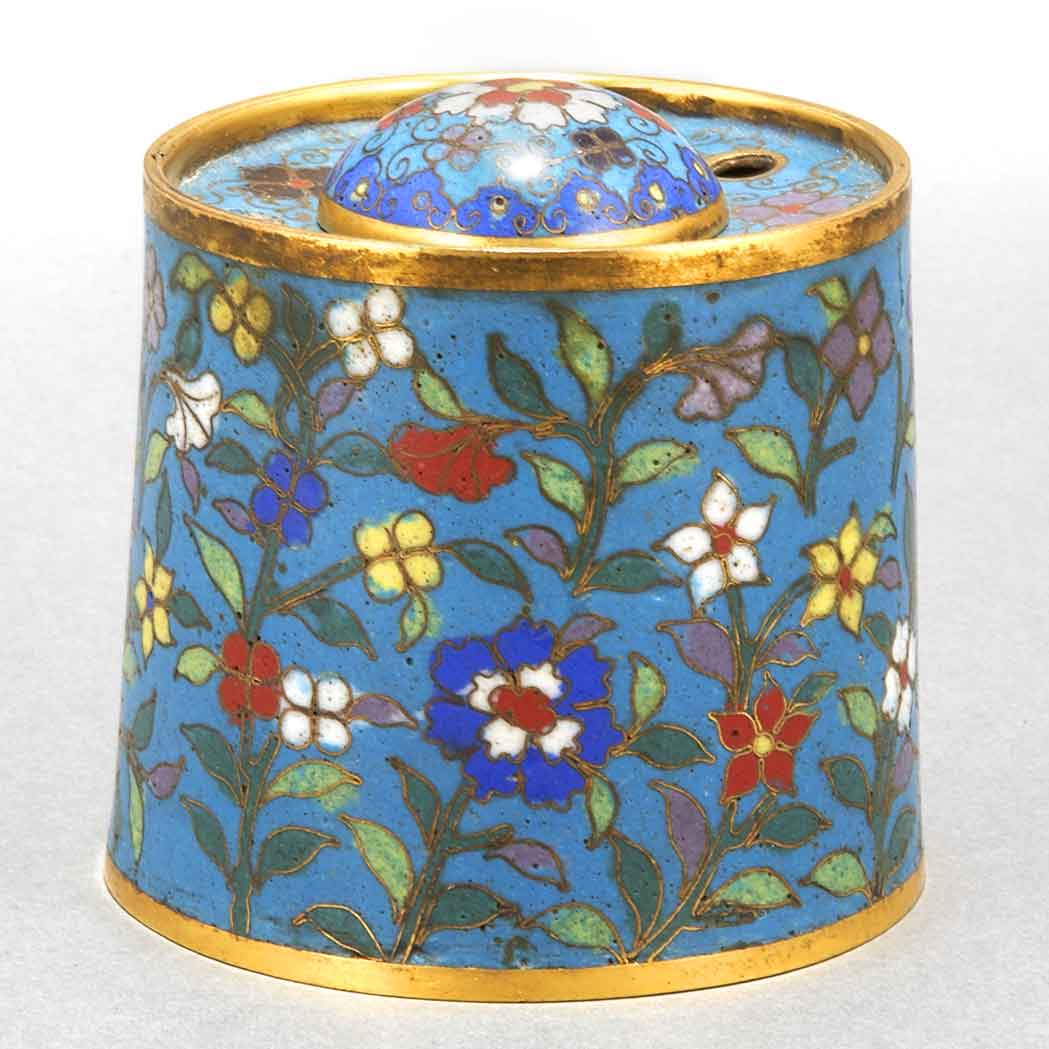 Appraisal: Chinese Cloisonne Brush Holder and Inkwell Late th century Of