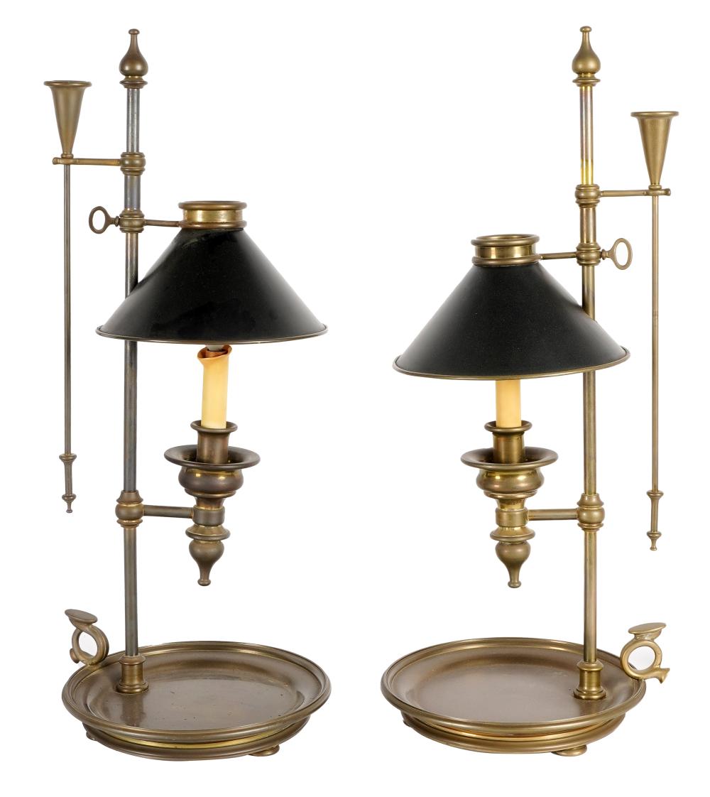 Appraisal: PAIR OF BRONZE TOLE PEINTE BOUILLOTTE LAMPSeach with adjustable-height black