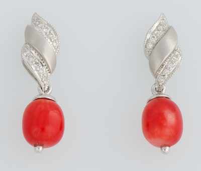 Appraisal: A Pair of Coral and Diamond Earrings k white gold