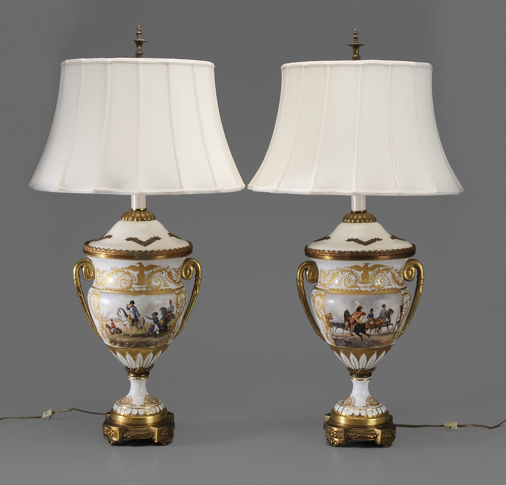 Appraisal: Pair Napoleonic Porcelain Lamps th century large-scale urns with Napoleonic