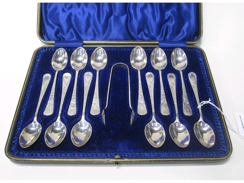 Appraisal: Cased set of twelve silver spoons with tongs Sheffield