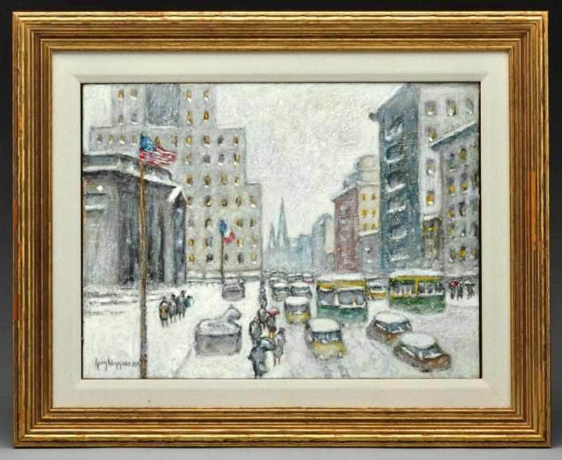 Appraisal: Guy C Wiggins NY Cityscape Snow Scene Painting Description Oil