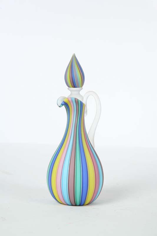 Appraisal: ART GLASS CRUET Satin glass Rainbow Striped cruet with matching