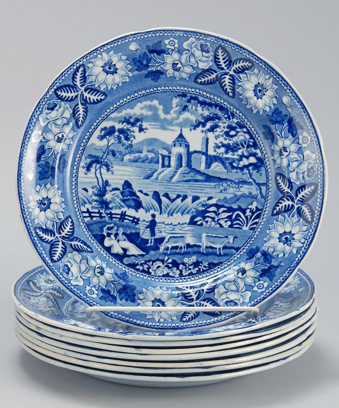 Appraisal: SET OF EIGHT BLUE AND WHITE STAFFORDSHIRE DINNER PLATES English