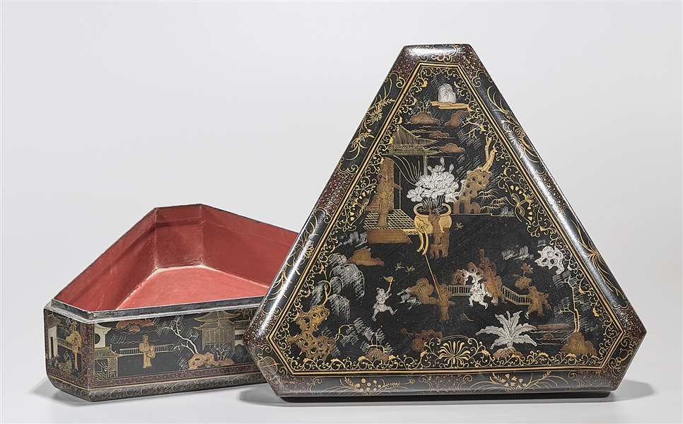 Appraisal: Chinese lacquer covered box gilt painted landscape scenes with figures