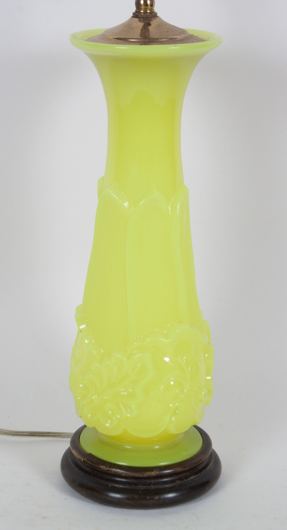 Appraisal: Peking style yellow glass vase lamp lotus-form relief decoration set