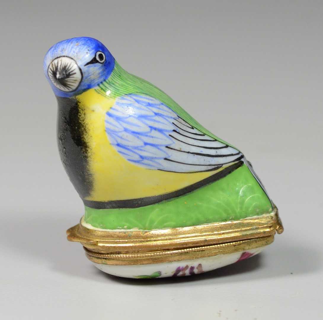 Appraisal: French Porcelain Bird Box enameled to resemble an English Battersea