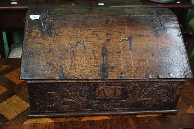 Appraisal: AN ANTIQUE OAK BIBLE BOX with a sloping top carved