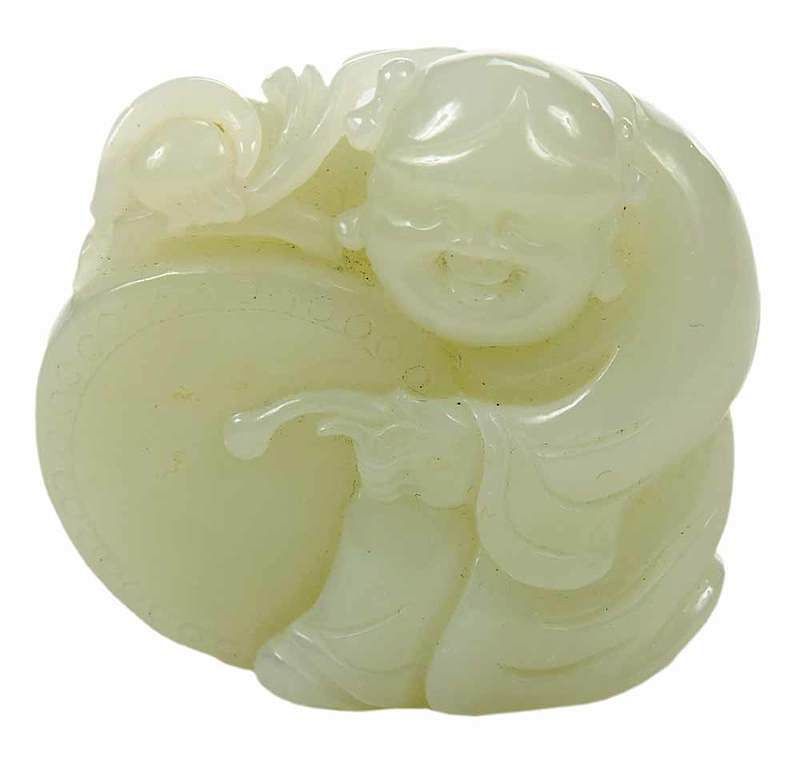 Appraisal: Celadon Jade Carving of Boy with Drum Chinese rounded square