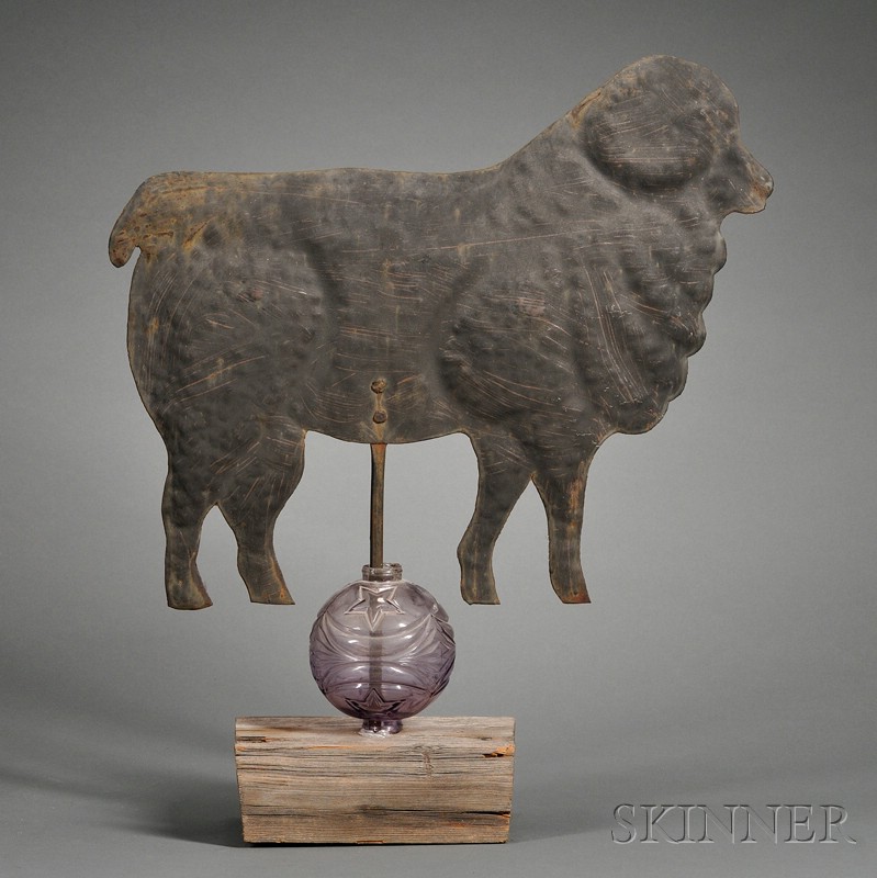 Appraisal: Molded Sheet Iron Ram Figure with Molded Amethyst Glass Lighting