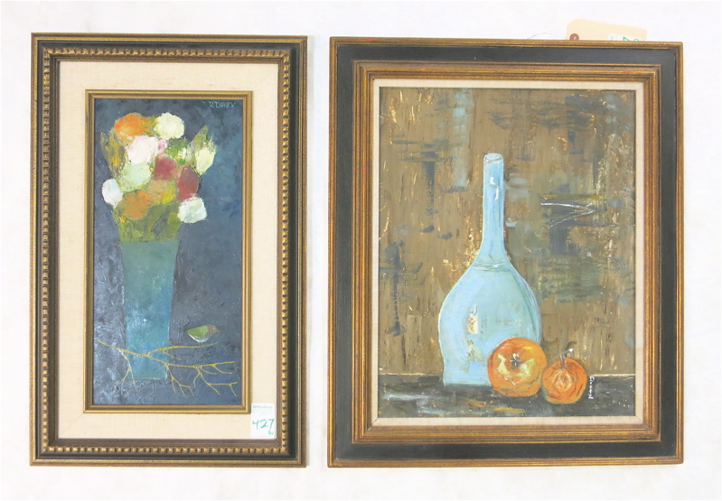 Appraisal: TWO OILS ON BOARD R Davey floral still-life with bird