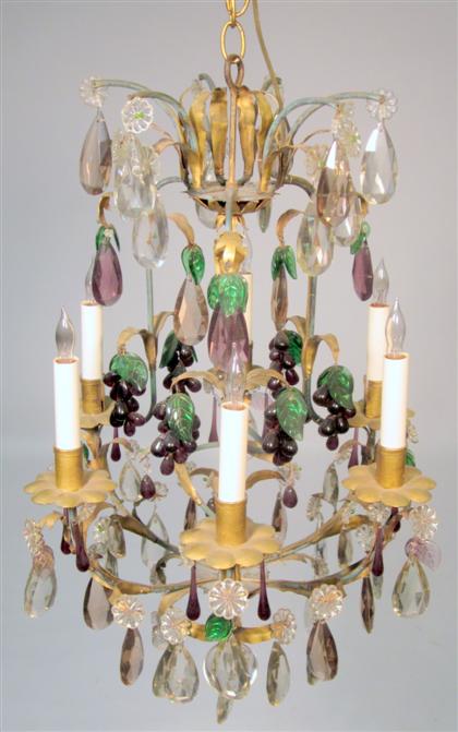 Appraisal: French gilt metal and colored luster six branch chandelierHung with