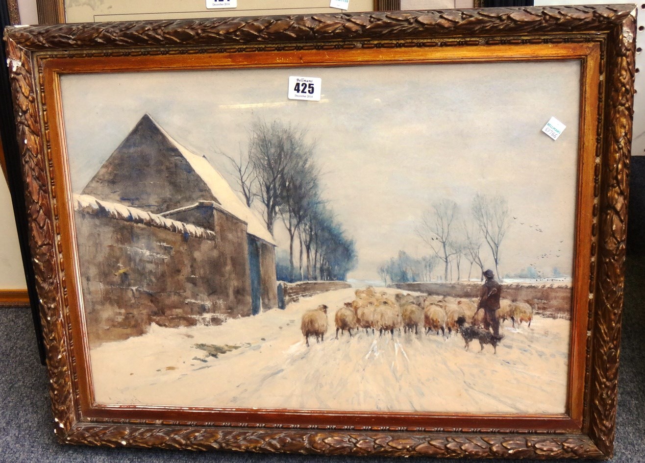 Appraisal: Archibald David Reid - Sheep and shepherd in a snowy