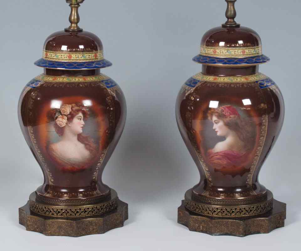 Appraisal: PAIR PORCELAIN PORTRAIT LAMPS Ginger jars mounted on tiered brass