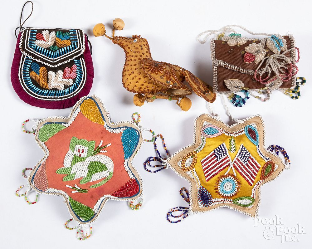 Appraisal: Five Iroquois Indian beadwork whimsies Five Iroquois Indian beadwork whimsies