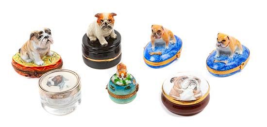 Appraisal: A Group of Seven Bulldog Trinket Boxes Height of tallest