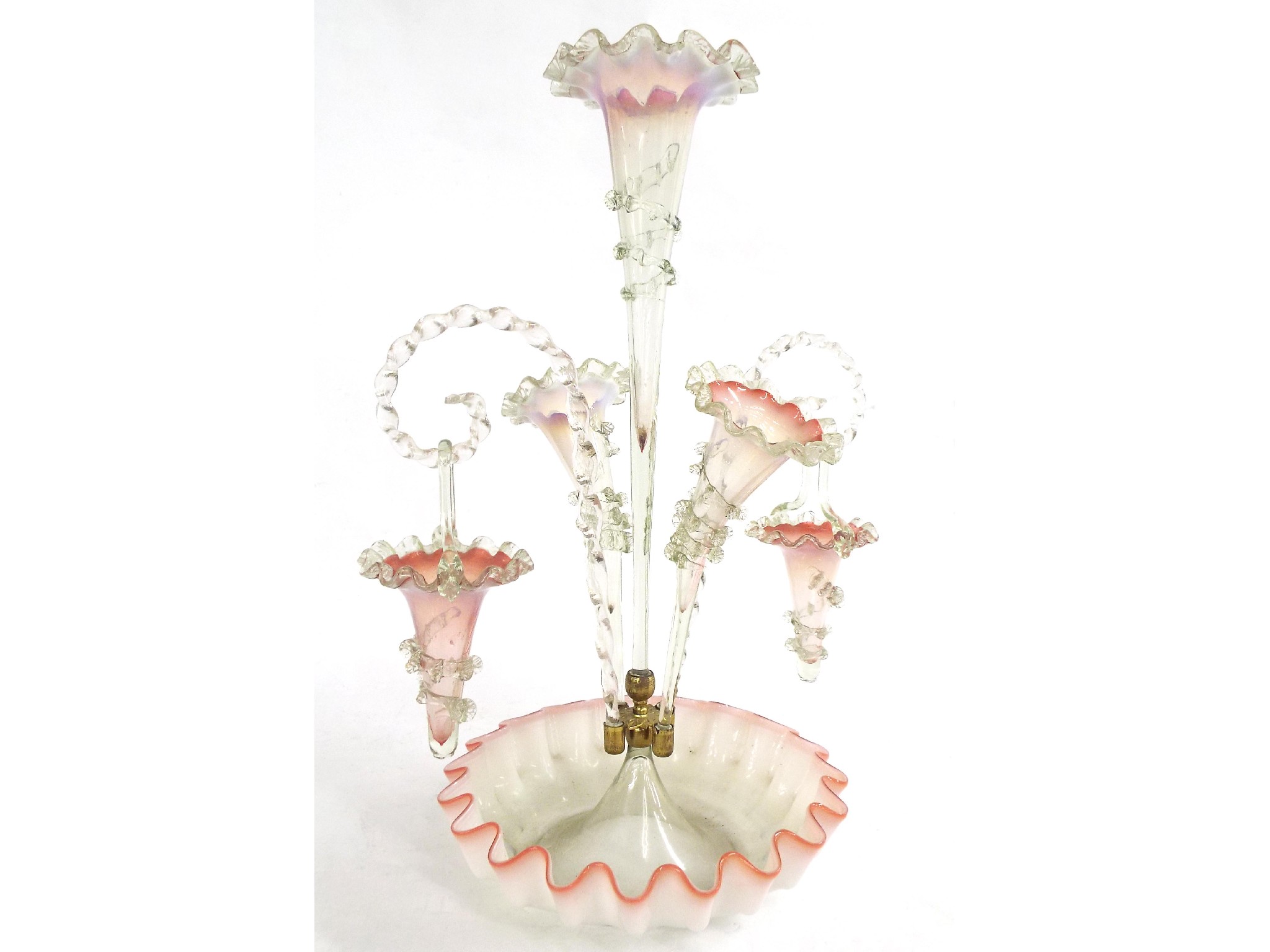 Appraisal: Victorian pink vaseline glass epergne comprising central large trumpet vase