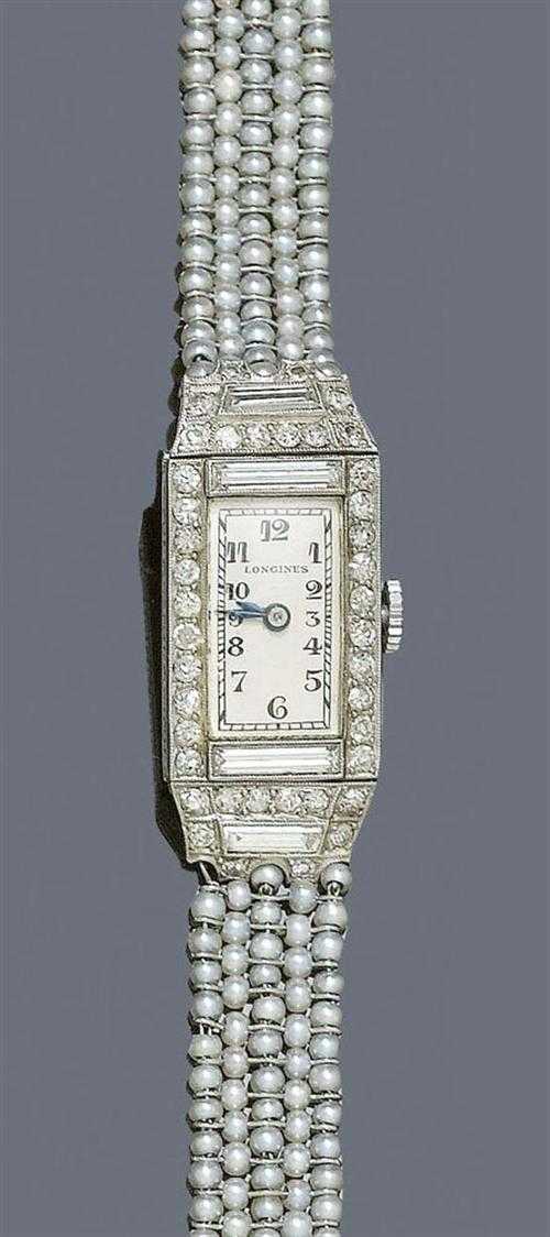 Appraisal: PEARL AND DIAMOND LADY'S WRISTWATCH LONGINES ca Platinum Rectangular case