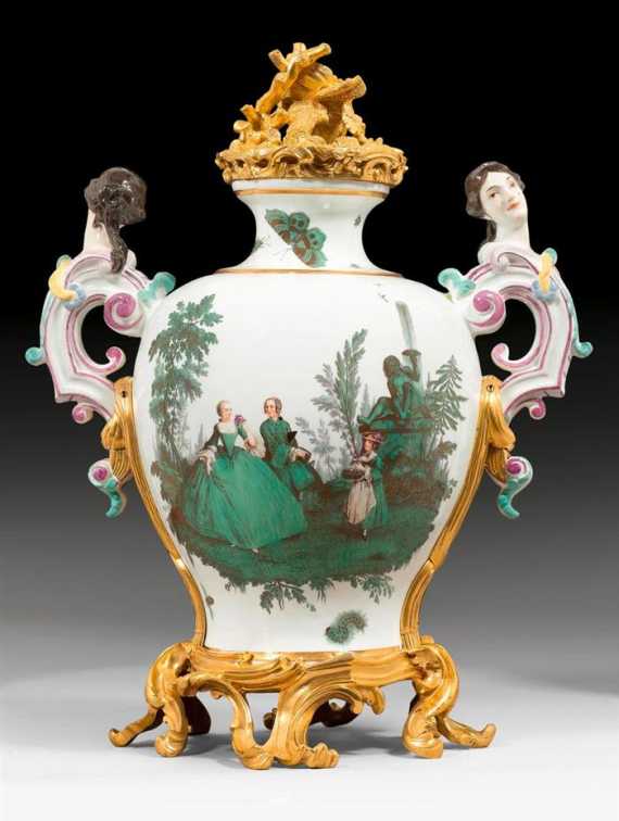 Appraisal: IMPORTANT AND RARE VASE WITH GREEN WATTEAU PAINTING Meissen circa