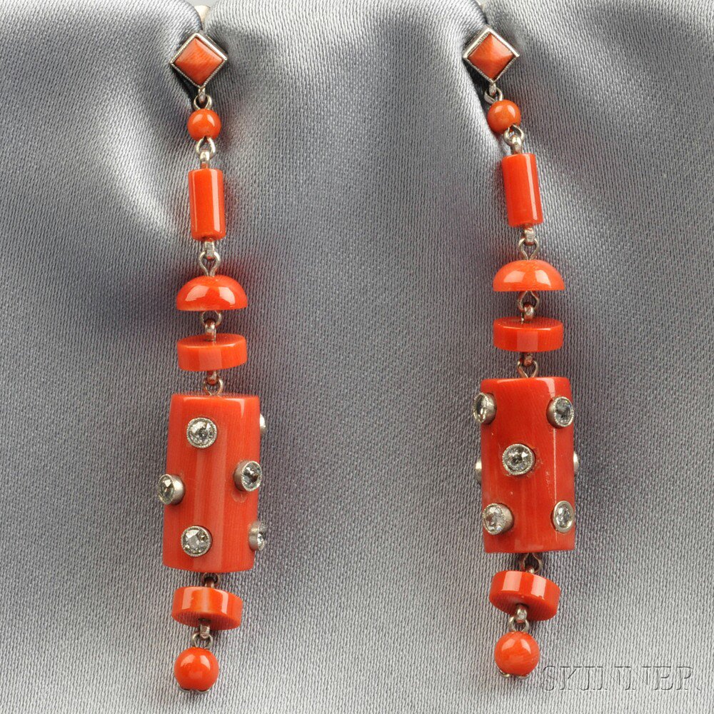 Appraisal: Platinum Coral and Diamond Earpendants each coral barrel mounted with