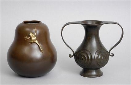 Appraisal: JAPANESE BRONZE GOURD-FORM VASE AND A FLYING HANDLE FLOWER VASE