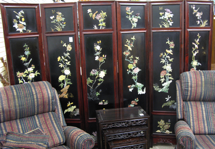 Appraisal: SIX-PANEL ROSEWOOD AND CARVED HARDSTONE FLOOR SCREEN Chinese th century