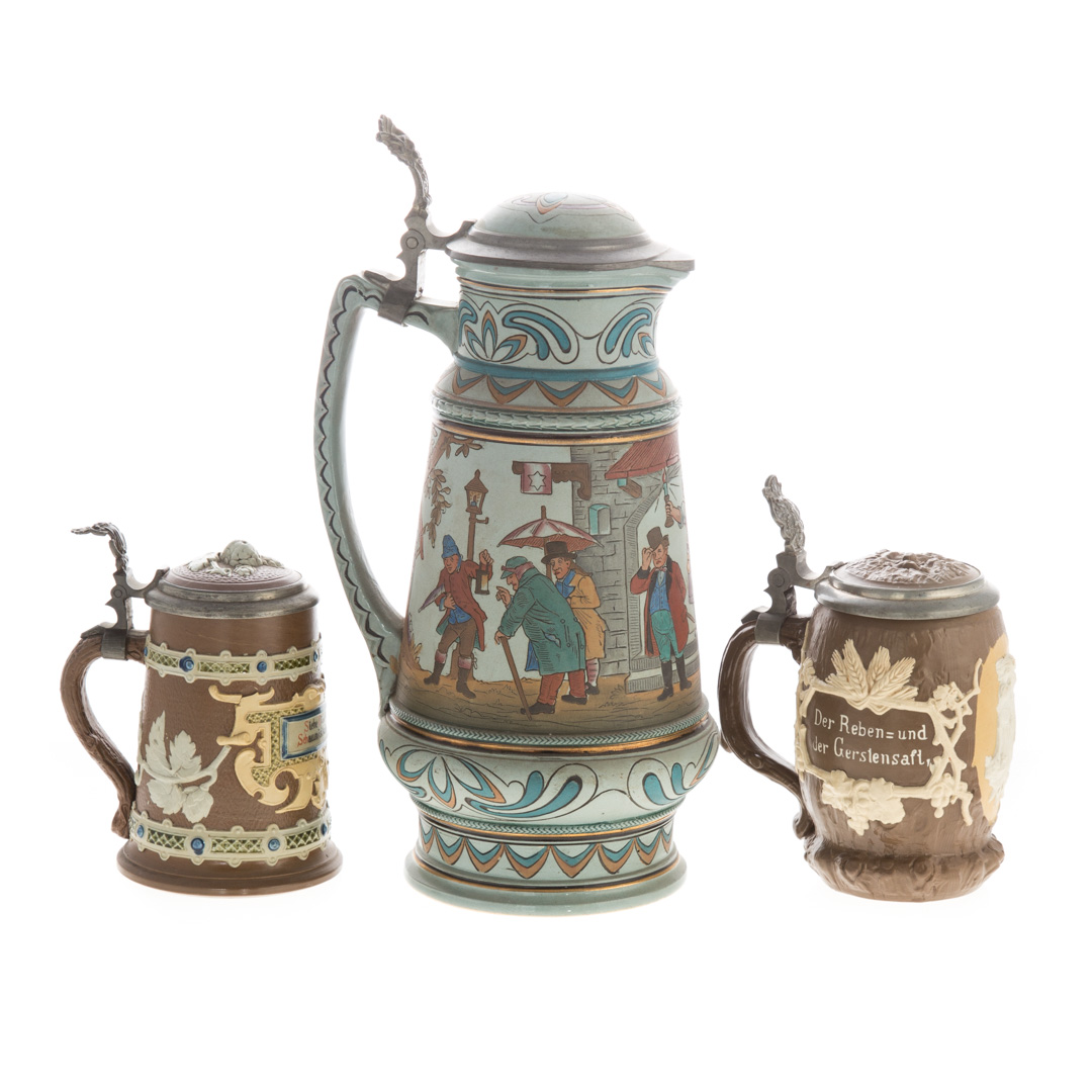 Appraisal: Three German pewter-mounted salt glaze steins including two Villeroy Boch