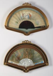 Appraisal: th c hand painted fans in shadowboxes Pair of th