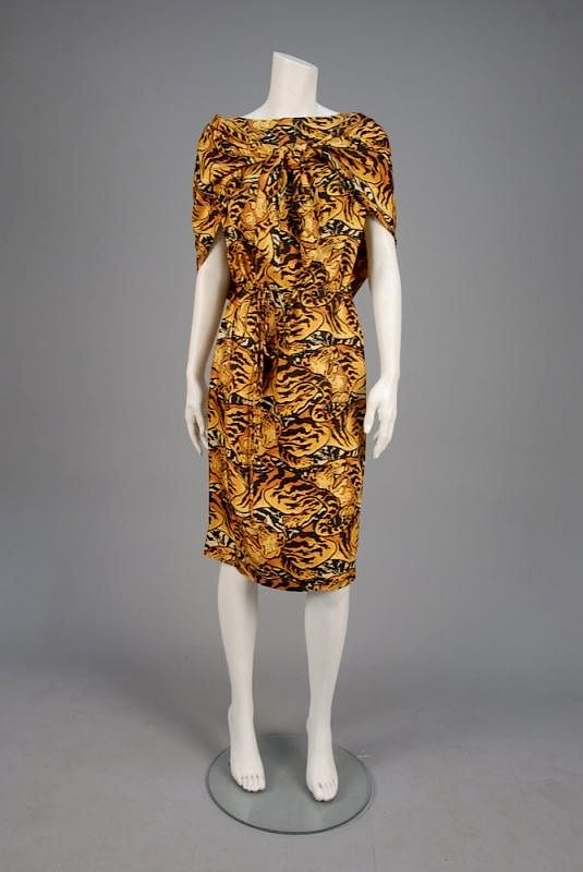 Appraisal: TOWNLEY TIGER PRINT SILK DRESS and SHAWL s Sleeveless boatneck