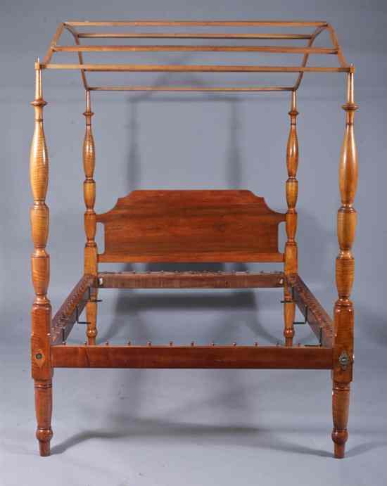 Appraisal: AMERICAN FEDERAL TIGER MAPLE FOUR-POSTER BONNET-TOP ROPE BED Adapted for