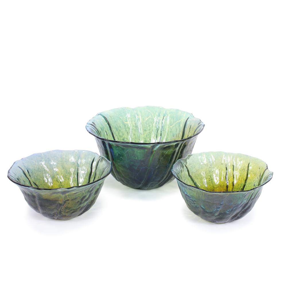 Appraisal: THREE ANN WARFF FOR KOSTA MOLDED GREEN GLASS GRADUATED BOWLS