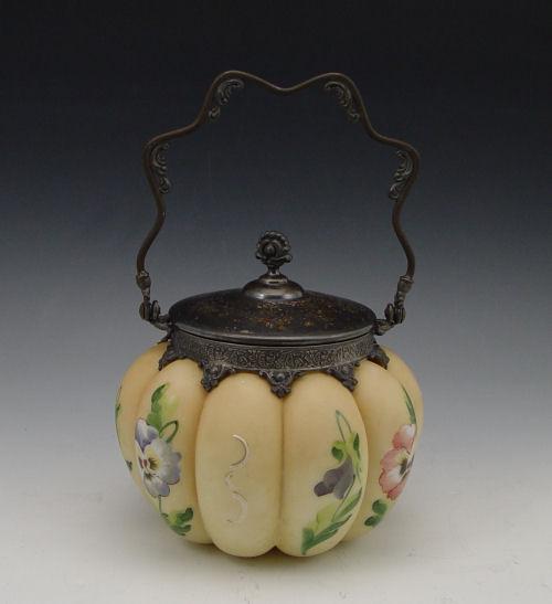 Appraisal: MT WASHINGTON MELON RIB BISCUIT JAR Hand painted floral design