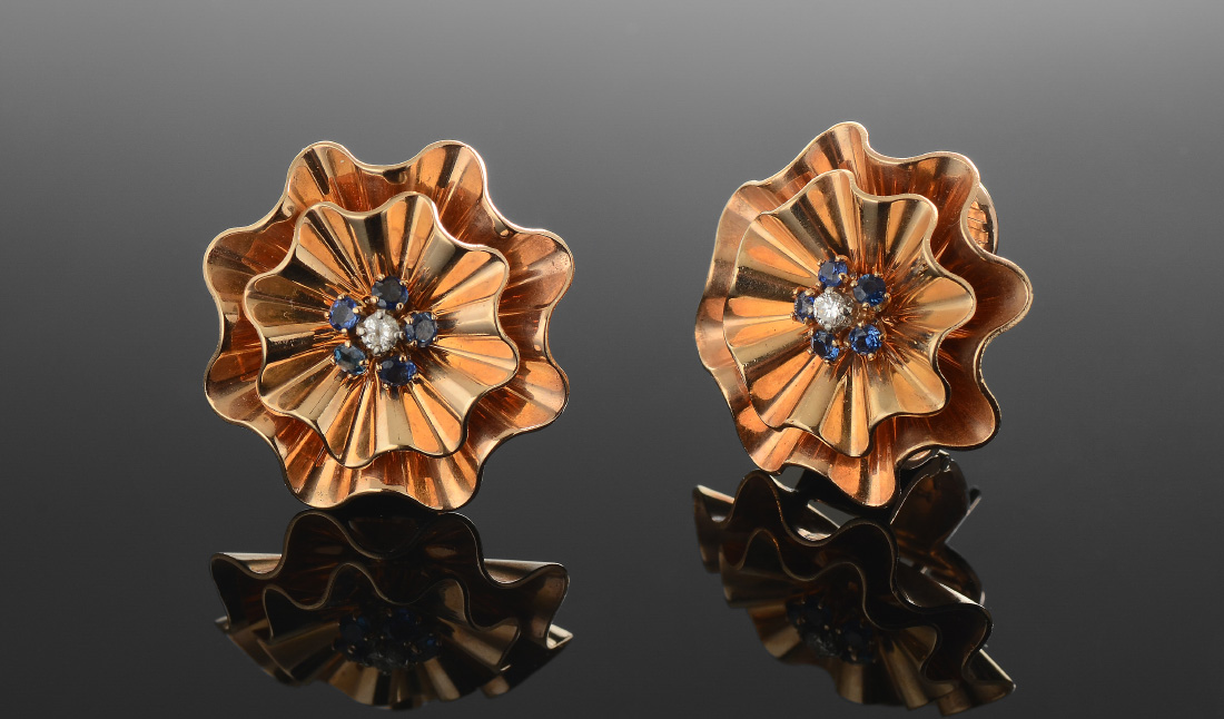 Appraisal: RETRO SAPPHIRE AND DIAMOND FLOWER FORM EARRINGS K yellow gold