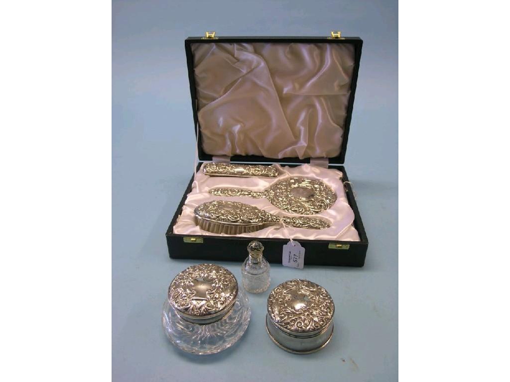 Appraisal: Silver dressing tableware consisting of a jewellery box powder jar