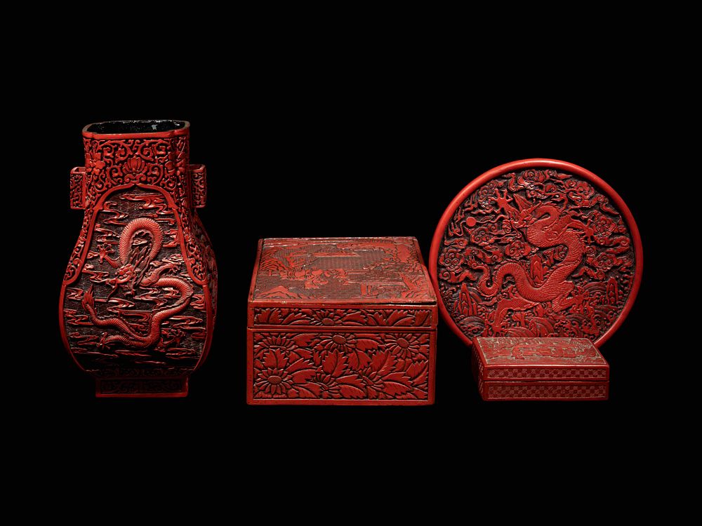 Appraisal: Four Chinese Carved Red Lacquer Articles Four Chinese Carved Red